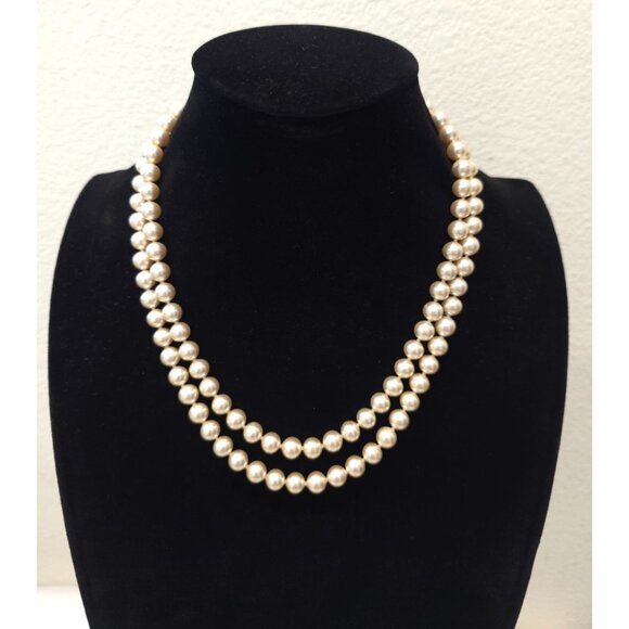 None Jewelry - Vintage Double-Strand Ivory Faux Pearl 18" Necklace With Ornate Gold-Tone Clasp